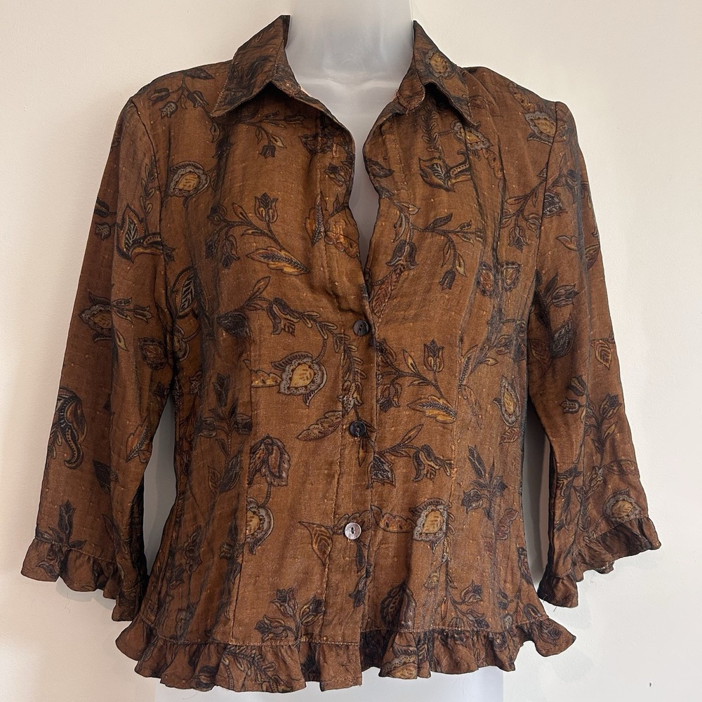 Vtg Central Falls Made USA  Blouse Sz S Toile Floral Button Ruffle Oversized